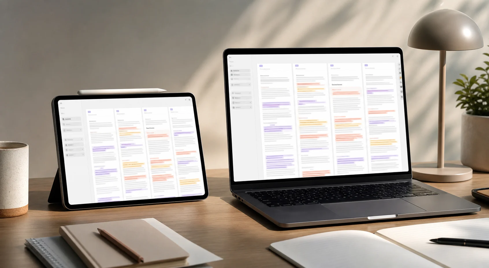 Mac and iPad screens show side-by-side comparison columns with colored document changes.