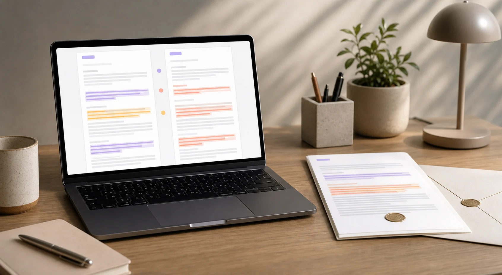 A send-ready document is checked beside an approved source in a side-by-side comparison workspace.