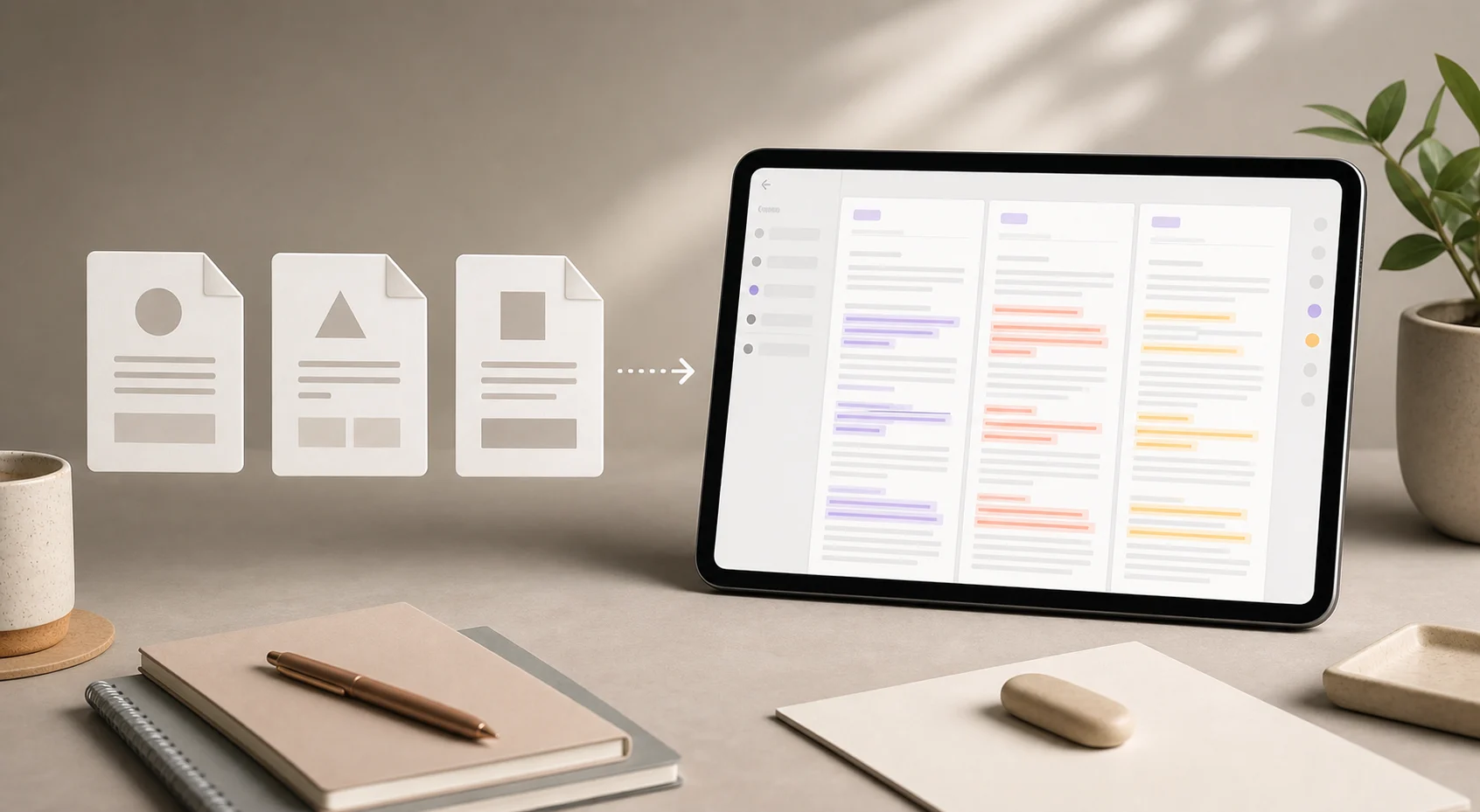Mac and iPad screens show a side-by-side text comparison workspace with highlighted document changes.