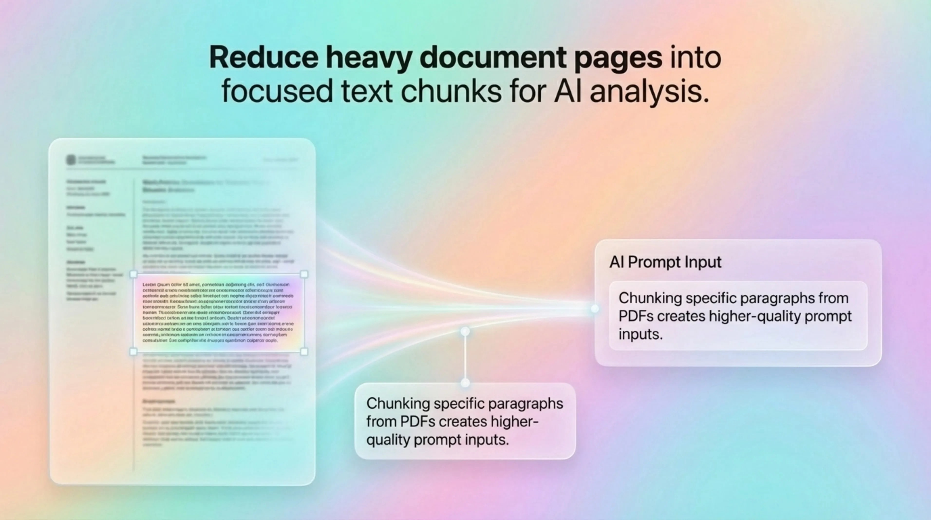 Glass-like PDF fragment floating into an AI prompt panel, with repeated headers faded out and one key clause highlighted.