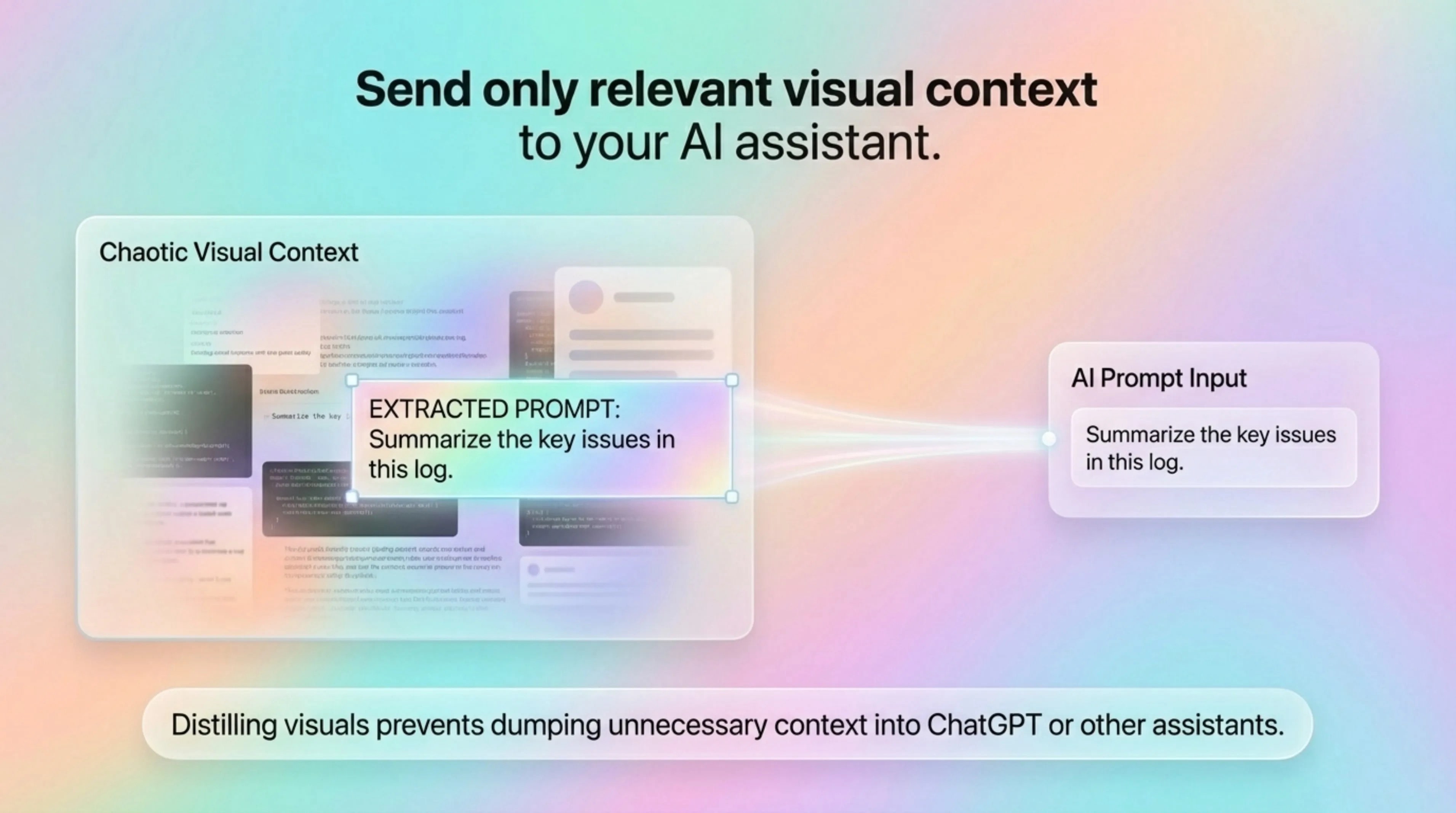 Dreamy iridescent interface showing screenshot text flowing into a simplified AI prompt card with only key lines retained.