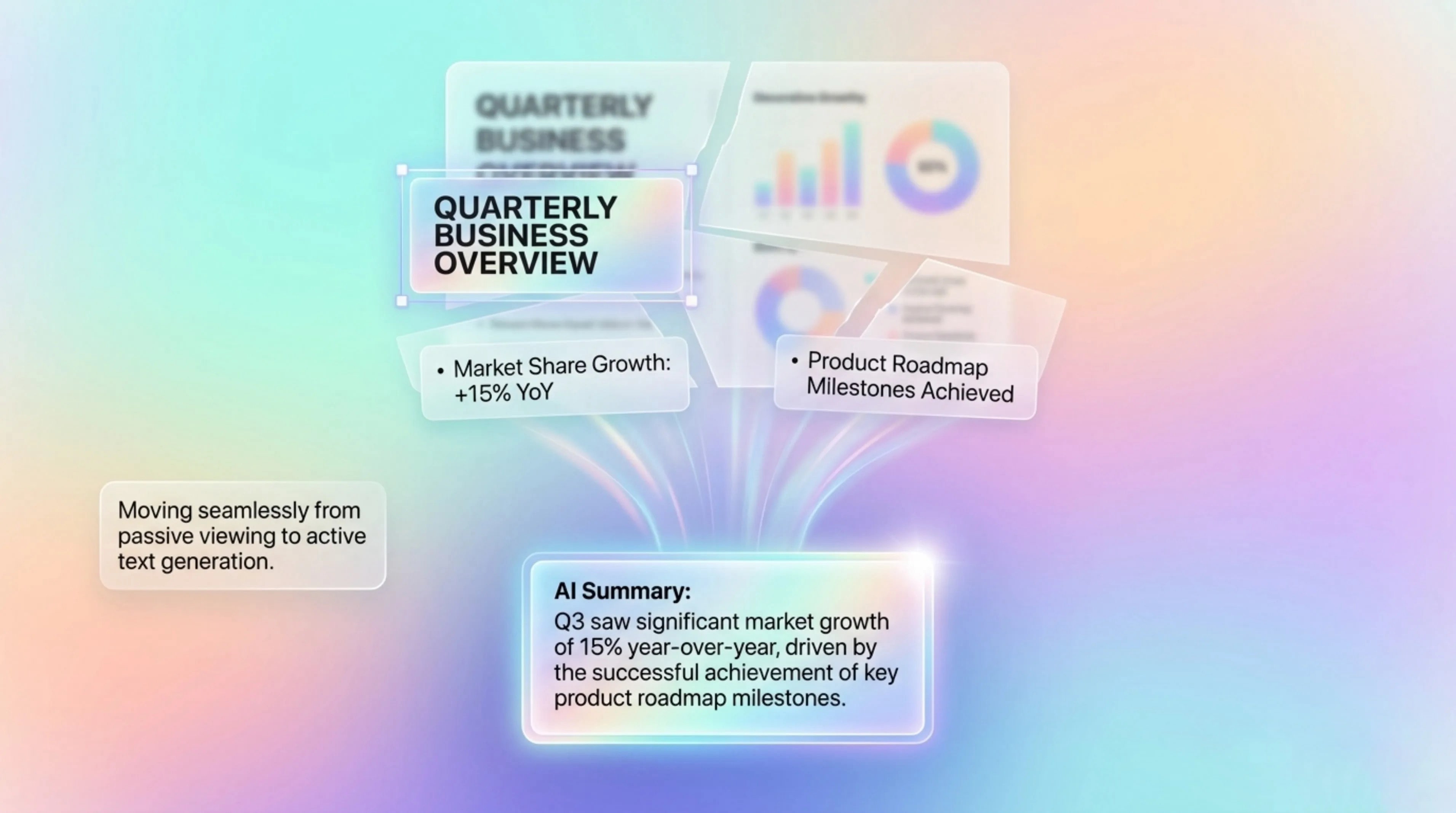Iridescent presentation slide broken into title and bullet fragments that feed into a clean AI summary card.