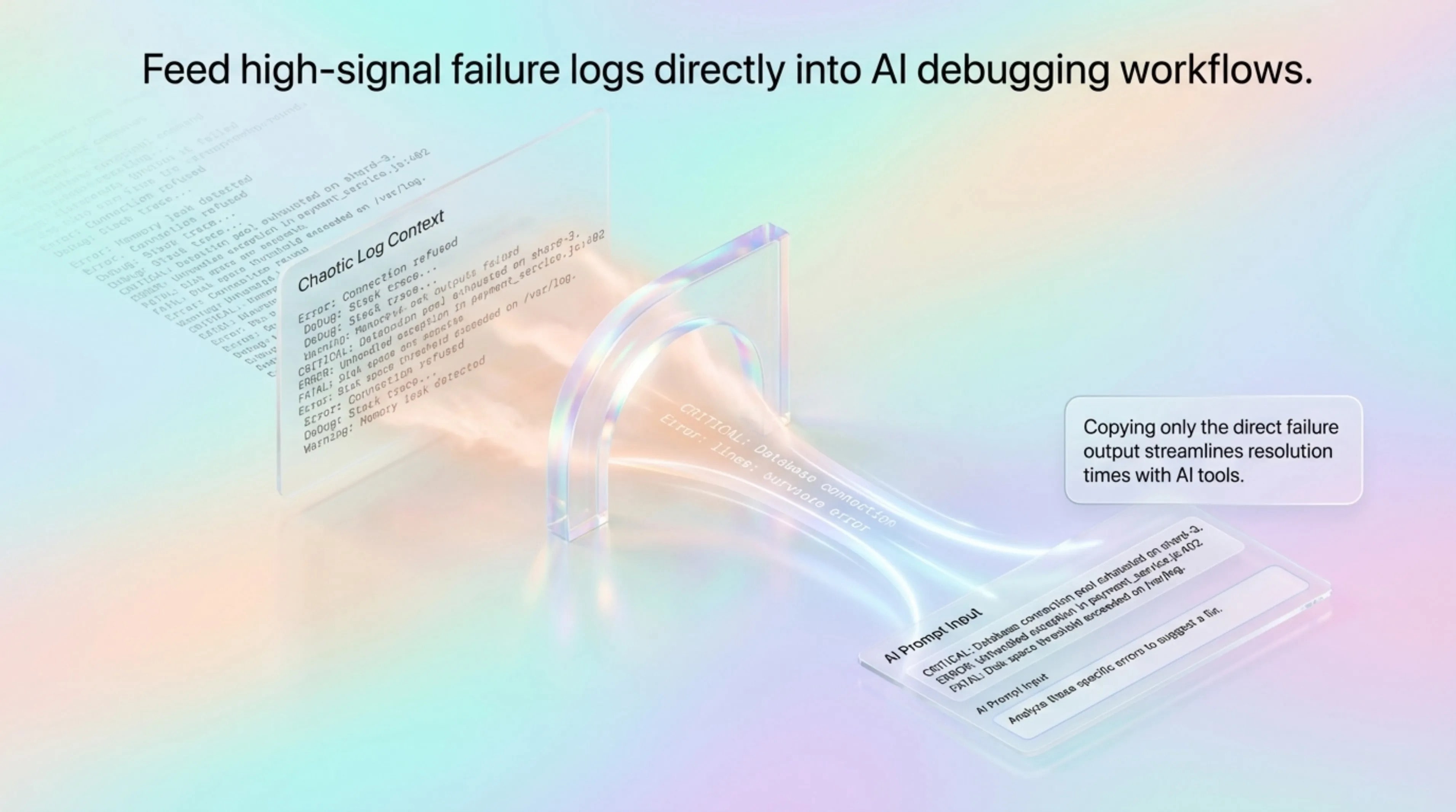 Soft spectral composition of terminal lines feeding into a minimal AI debugging prompt card with selected error context.