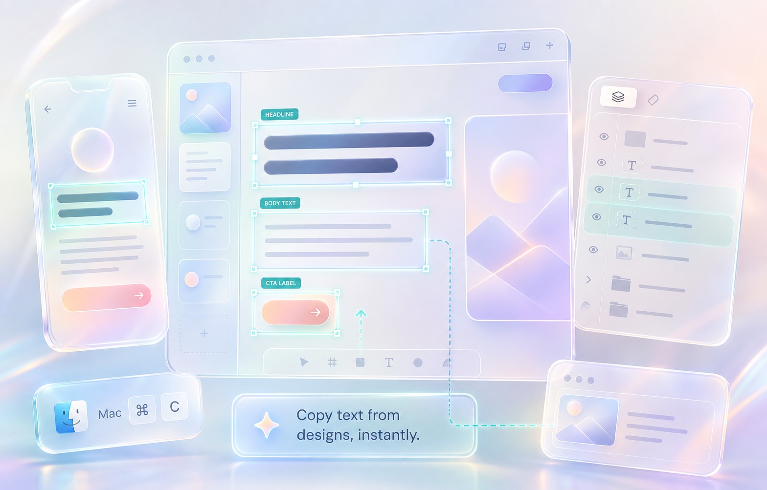 Glassy UI mockup with modal and button copy isolated by OCR selection rectangles.
