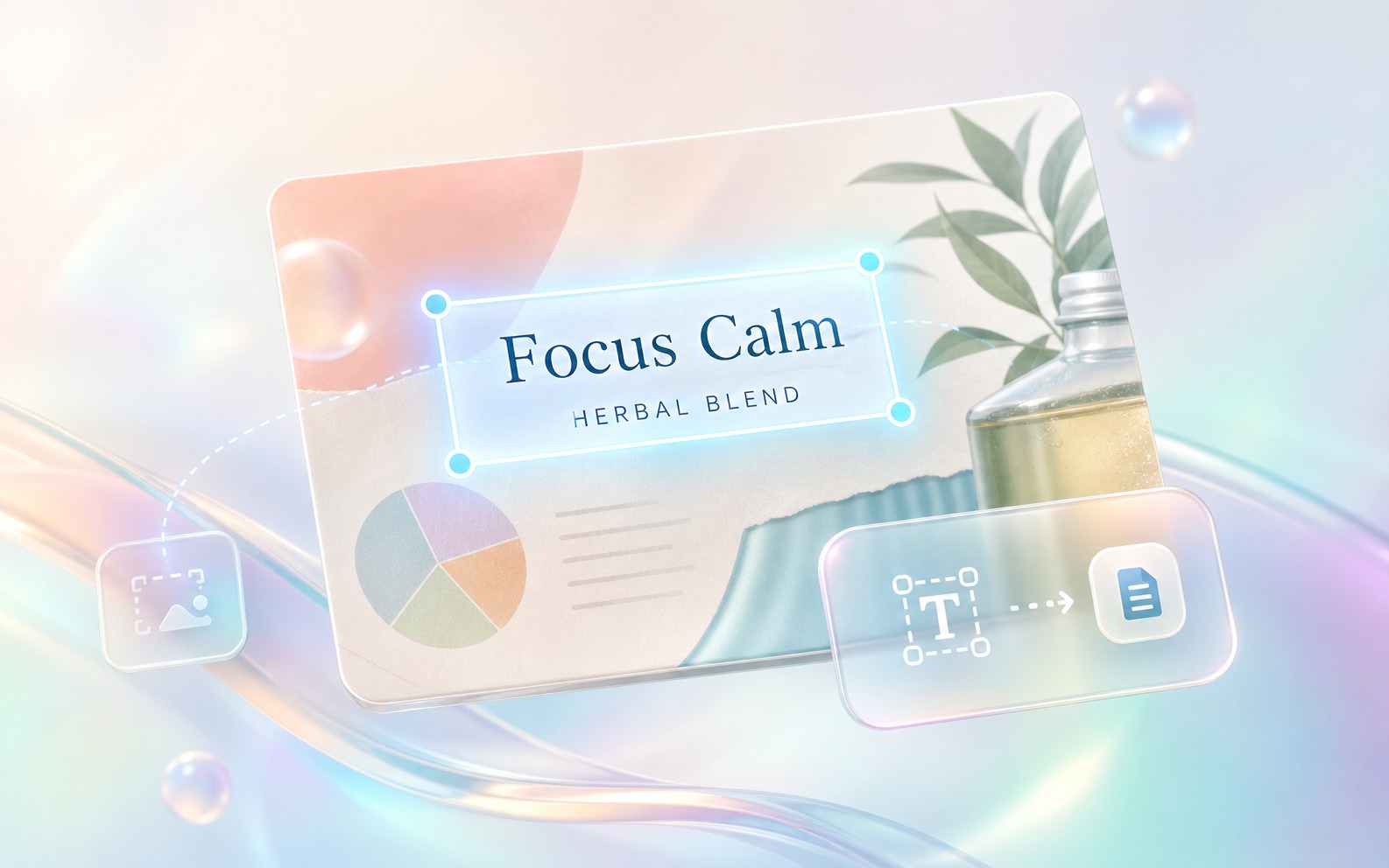 Iridescent glass image card with a glowing OCR selection frame around one embedded label.