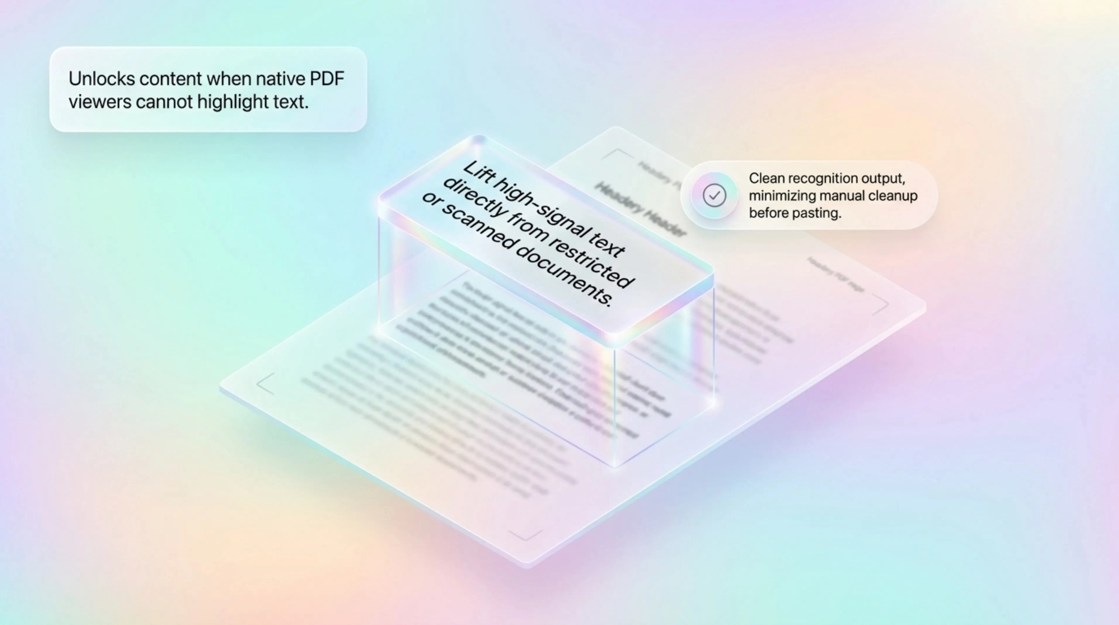 Soft holographic composition of a scanned PDF page with one clause isolated inside a glass OCR capture frame.