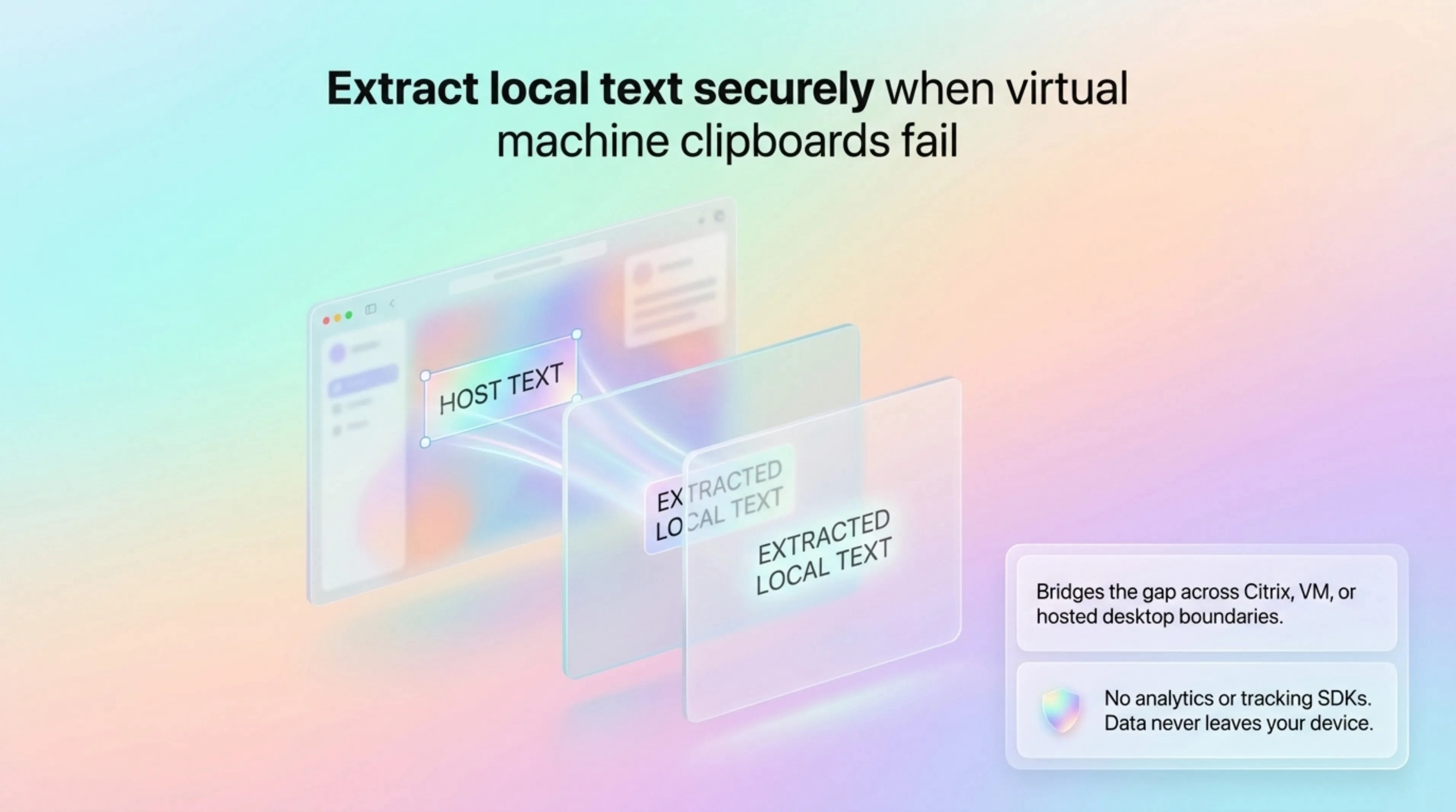 Pastel glass desktop scene showing a remote-session window with a selected text block and a cross-device copy cue.