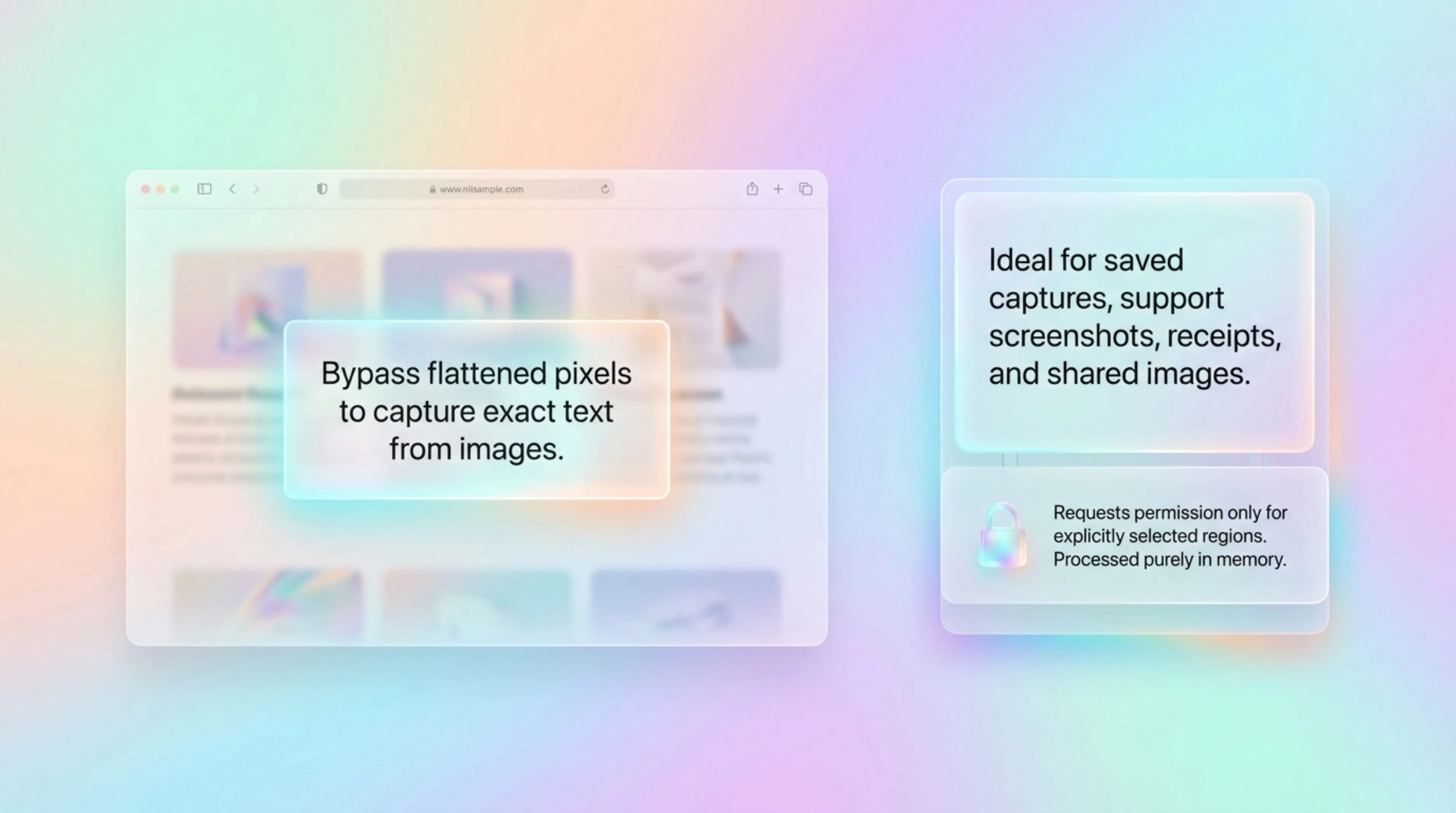 Iridescent glass interface showing a screenshot card with a glowing OCR selection box over a support message.