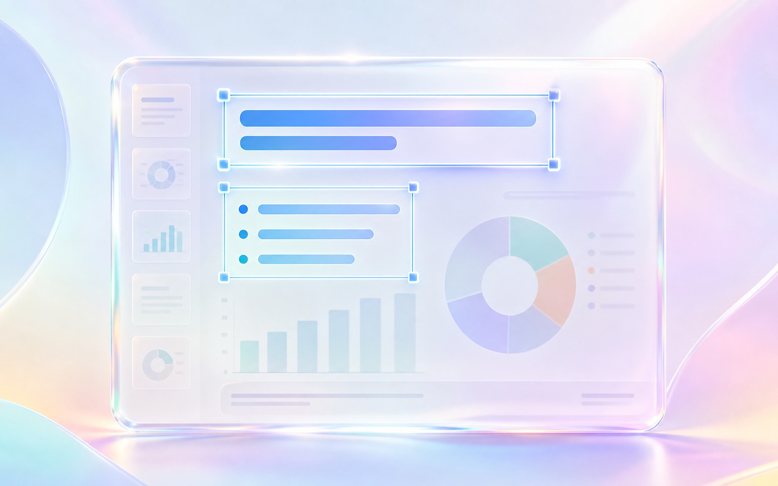 Iridescent presentation slide with title and bullet regions selected while chart shapes fade back.