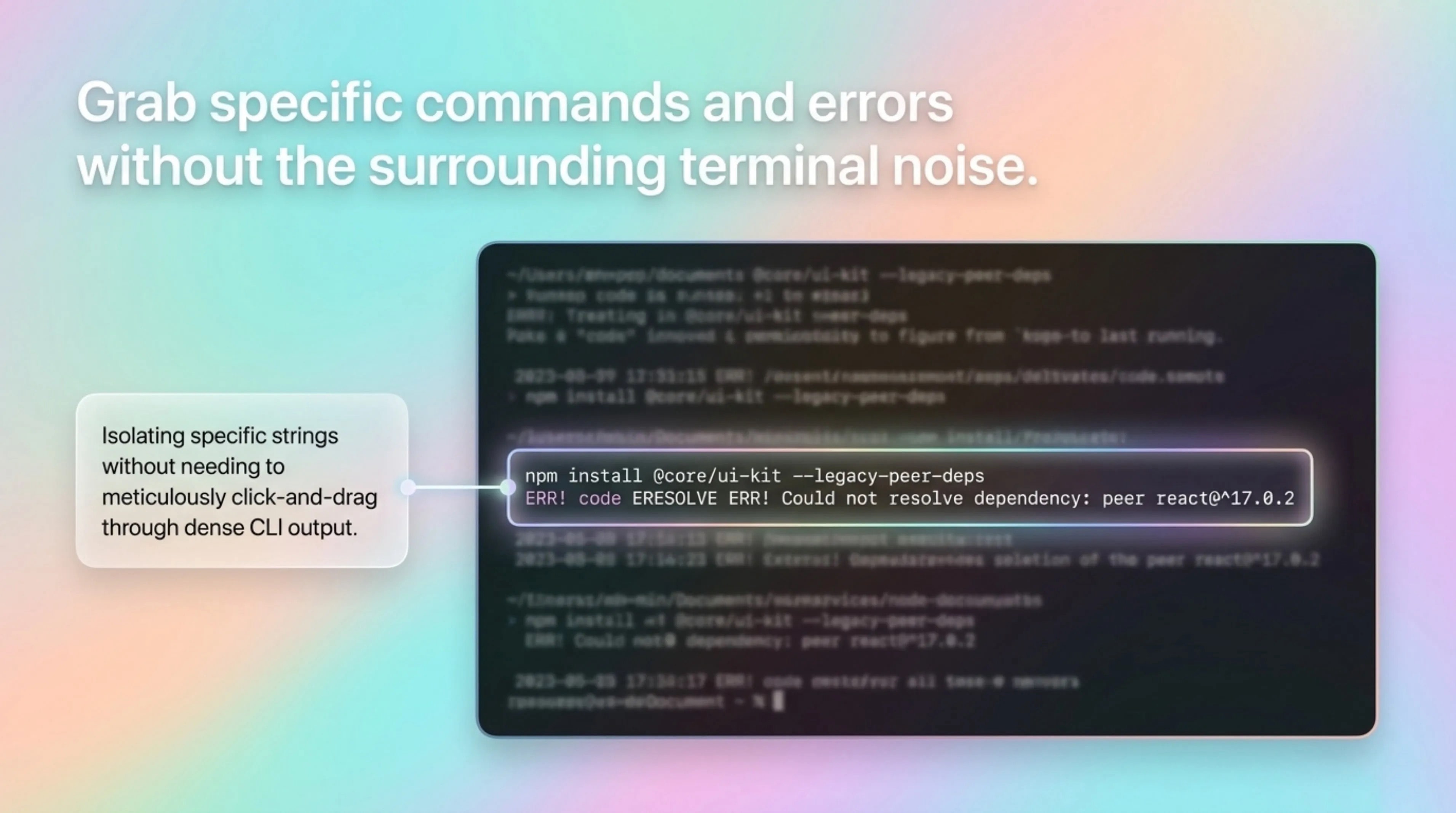 Holographic terminal screenshot with a glowing selection box isolating a command and error output.