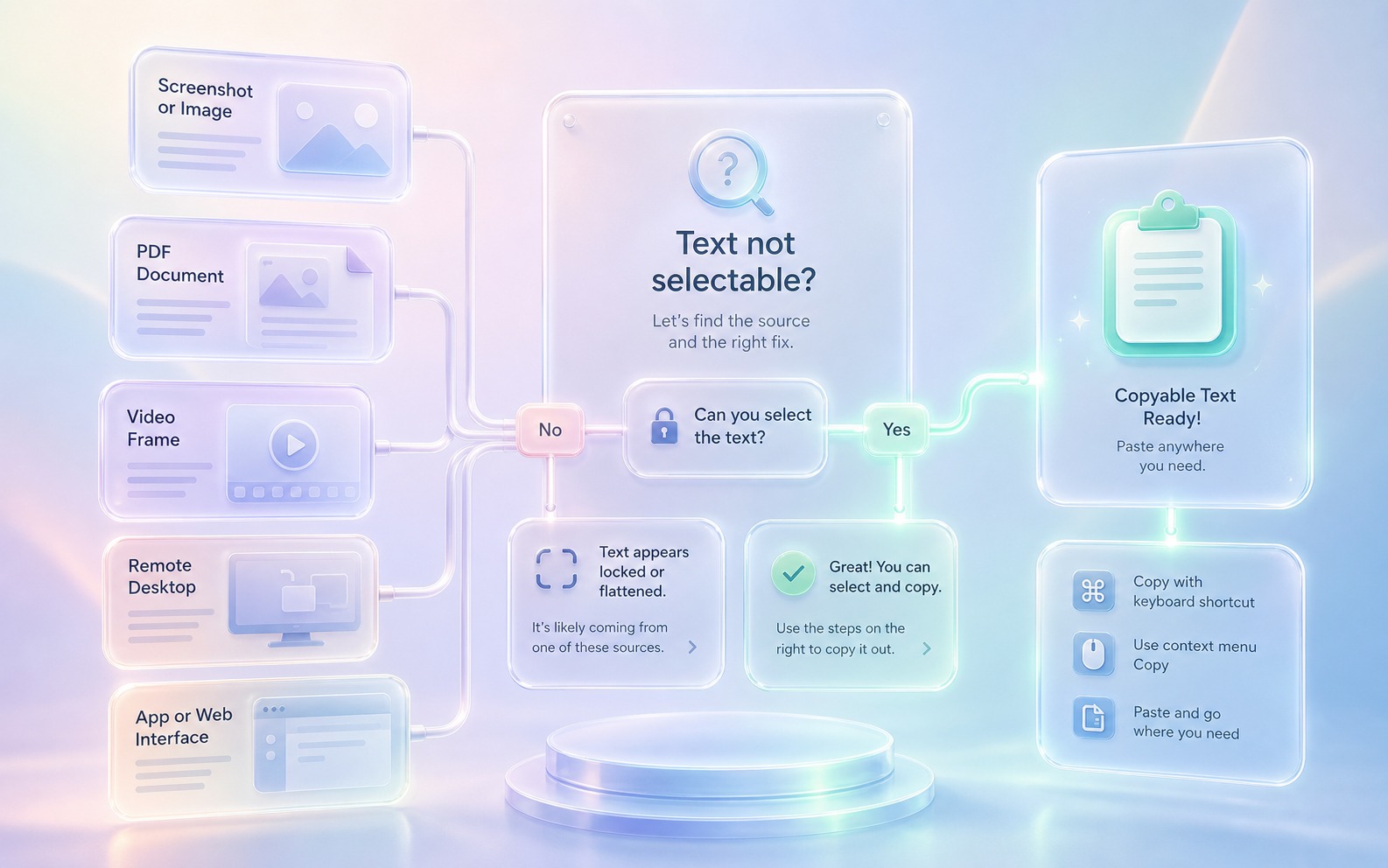 Glass diagnostic board branching from blocked visible text to screenshots, PDFs, video, remote desktop, and copyable output.