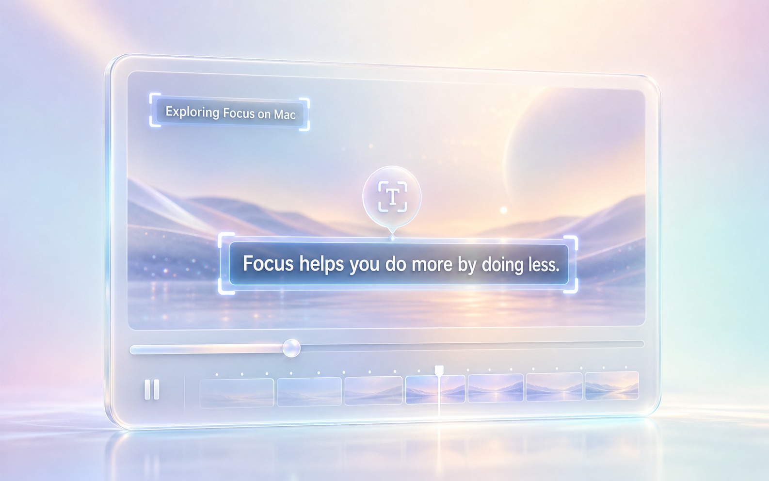 Soft glass video player paused on a caption band with a selection box around visible subtitle text.