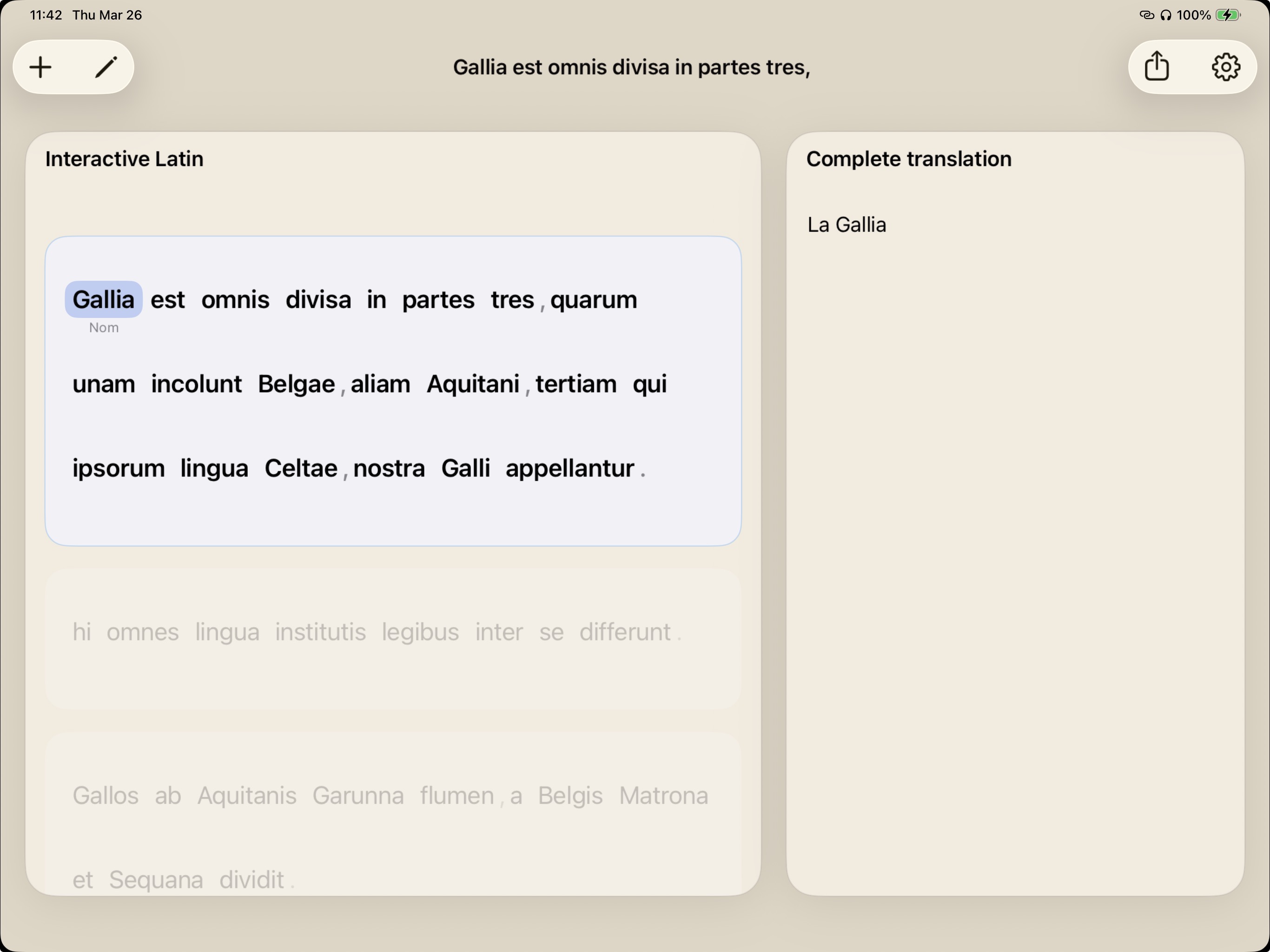 iPad view of viaFlaminia with Latin source and complete translation panes
