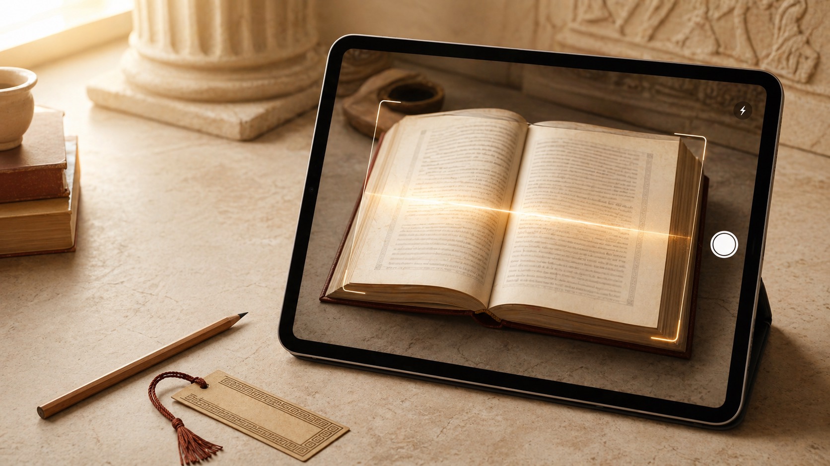 iPad camera scanning an open Latin book